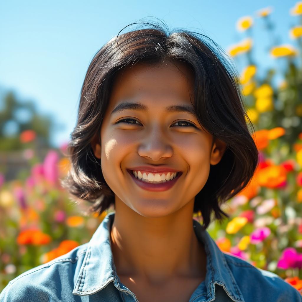 A portrait of an individual, reflecting a confident and joyful demeanor in a beautiful outdoor setting