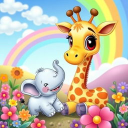 A cute little giraffe and a small elephant playing together in a colorful and whimsical landscape, vibrant flowers blooming around them