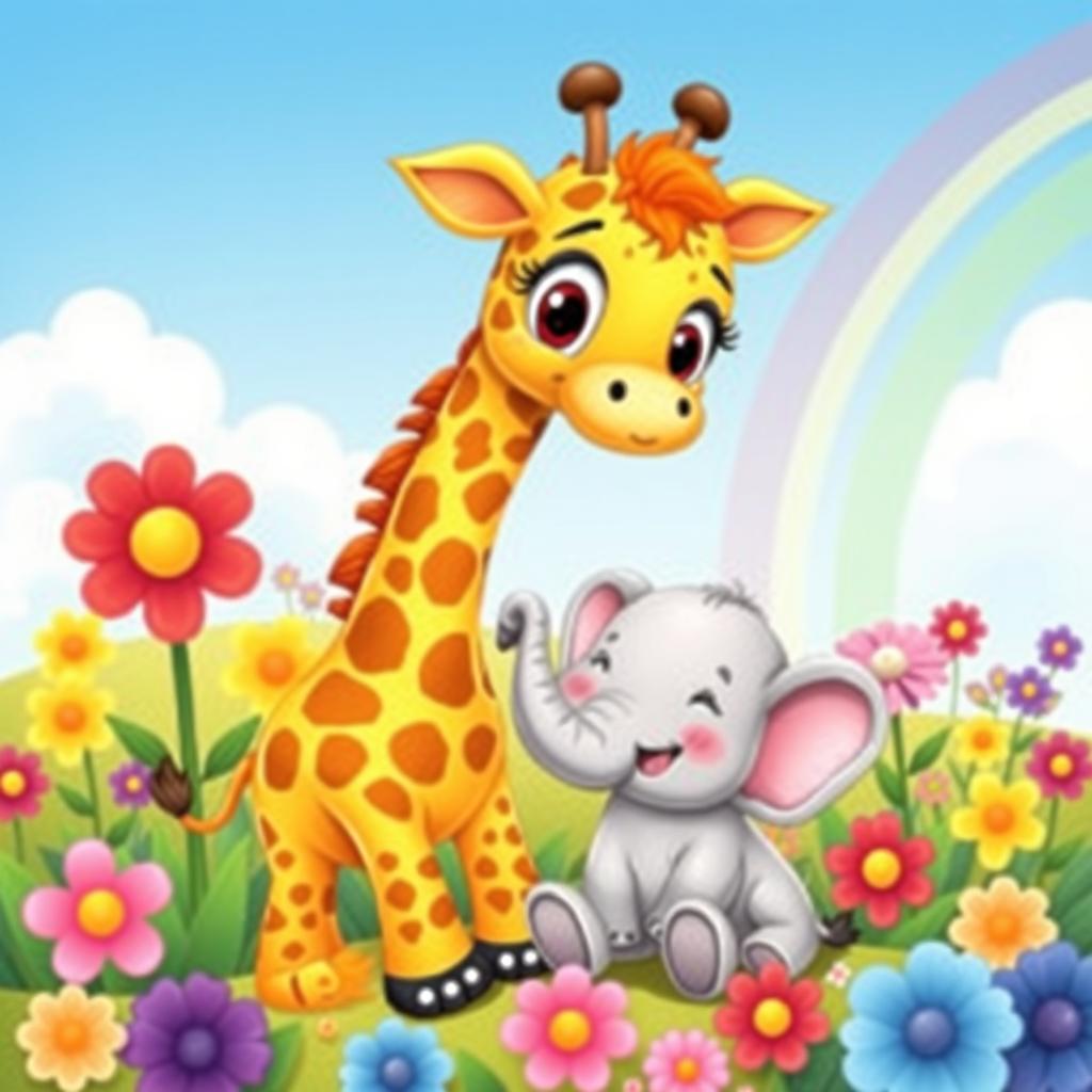 A cute little giraffe and a small elephant playing together in a colorful and whimsical landscape, vibrant flowers blooming around them