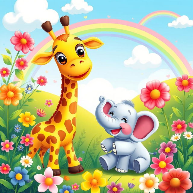 A cute little giraffe and a small elephant playing together in a colorful and whimsical landscape, vibrant flowers blooming around them