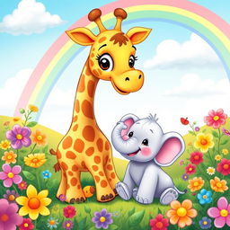 A cute little giraffe and a small elephant playing together in a colorful and whimsical landscape, vibrant flowers blooming around them