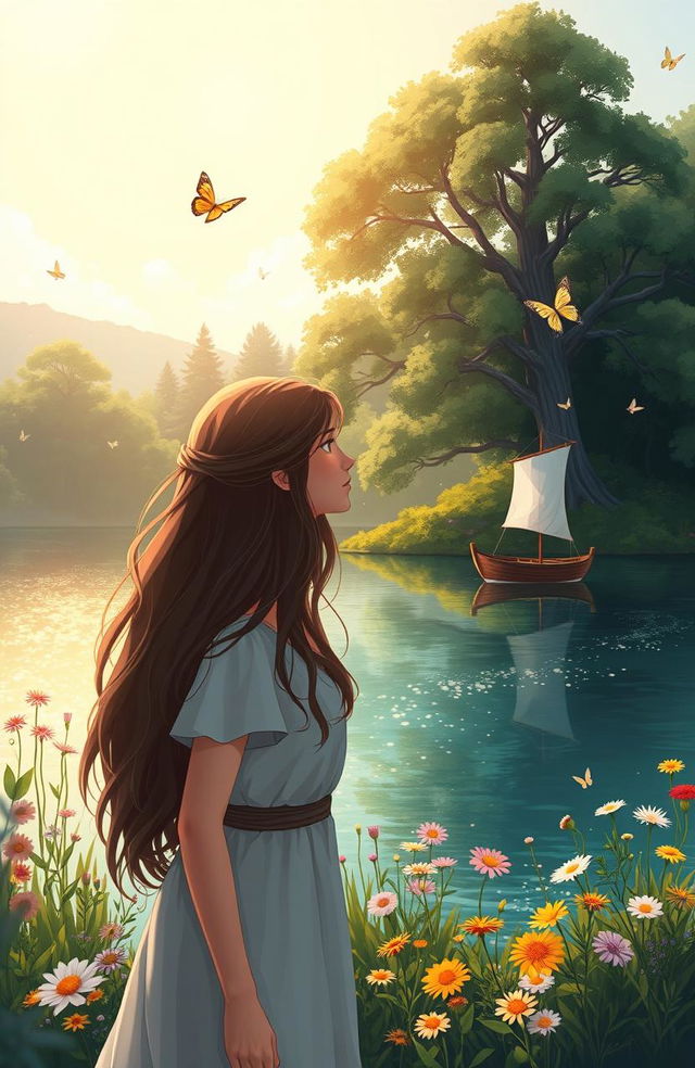 A beautifully illustrated scene portraying Maya, a young woman with long flowing hair, standing at the edge of a serene, sparkling lake surrounded by lush greenery and vibrant wildflowers