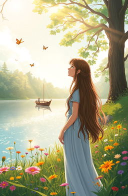 A beautifully illustrated scene portraying Maya, a young woman with long flowing hair, standing at the edge of a serene, sparkling lake surrounded by lush greenery and vibrant wildflowers