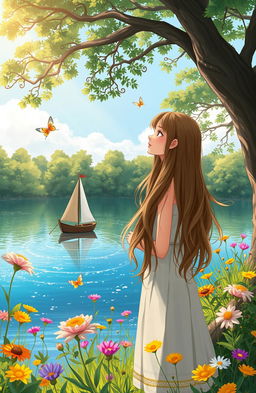 A beautifully illustrated scene portraying Maya, a young woman with long flowing hair, standing at the edge of a serene, sparkling lake surrounded by lush greenery and vibrant wildflowers