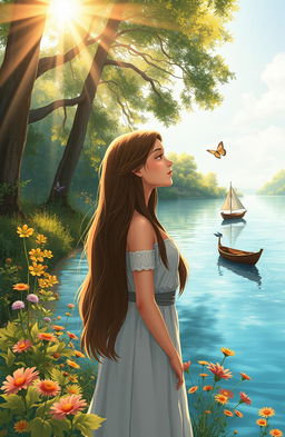 A beautifully illustrated scene portraying Maya, a young woman with long flowing hair, standing at the edge of a serene, sparkling lake surrounded by lush greenery and vibrant wildflowers