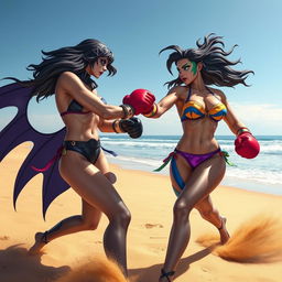 A dynamic and exciting scene of Raven and Black Starfire engaged in an energetic boxing match on a sunny beach