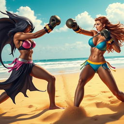 A dynamic and exciting scene of Raven and Black Starfire engaged in an energetic boxing match on a sunny beach