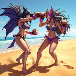 A dynamic and exciting scene of Raven and Black Starfire engaged in an energetic boxing match on a sunny beach