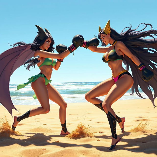 A dynamic and exciting scene of Raven and Black Starfire engaged in an energetic boxing match on a sunny beach