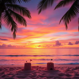 A vibrant sunset over a tranquil beach, with soft waves gently lapping at the shore