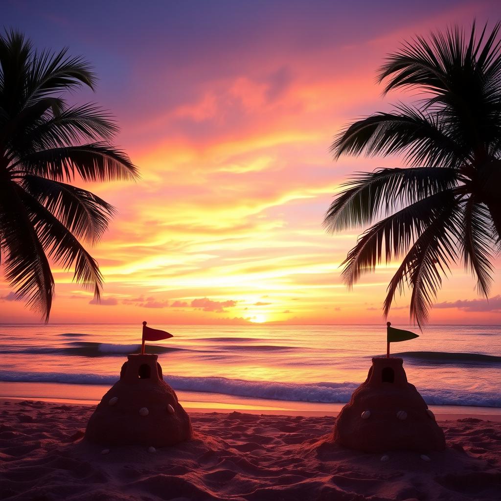 A vibrant sunset over a tranquil beach, with soft waves gently lapping at the shore