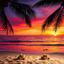 A vibrant sunset over a tranquil beach, with soft waves gently lapping at the shore