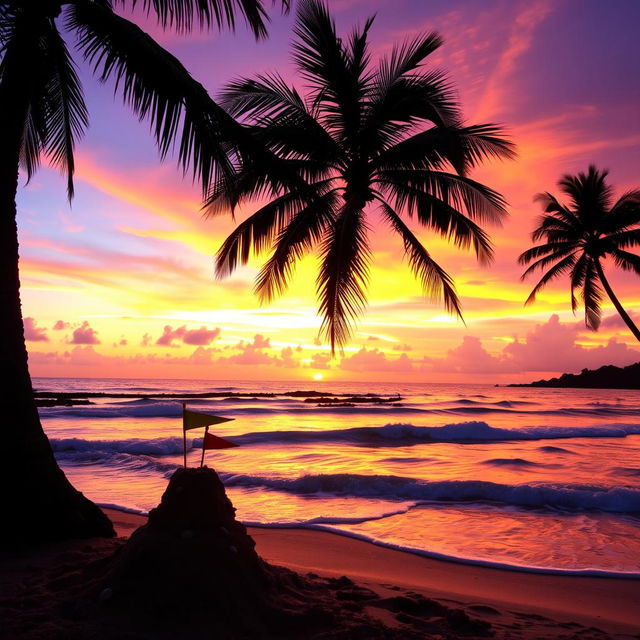 A vibrant sunset over a tranquil beach, with soft waves gently lapping at the shore