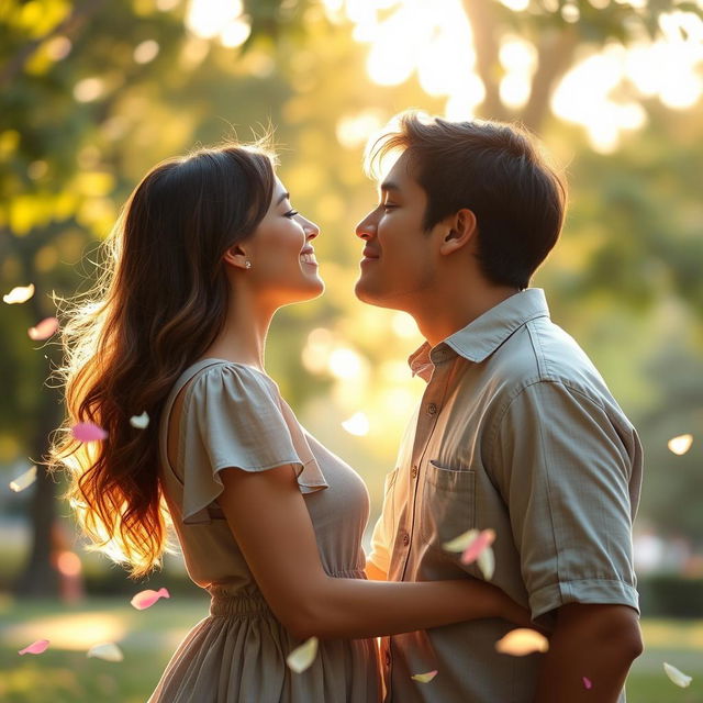 A passionate kiss between two lovers, surrounded by a romantic atmosphere