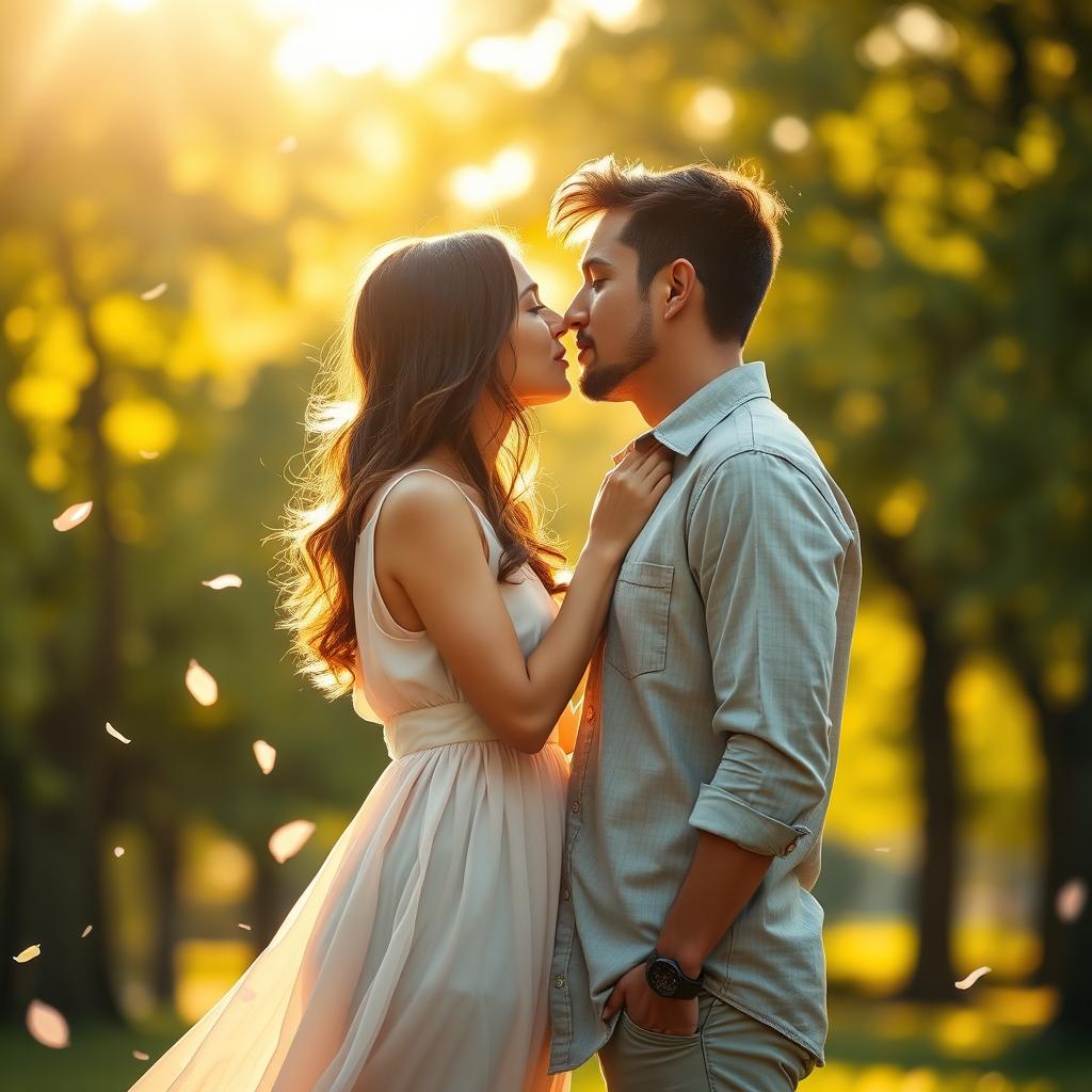 A passionate kiss between two lovers, surrounded by a romantic atmosphere