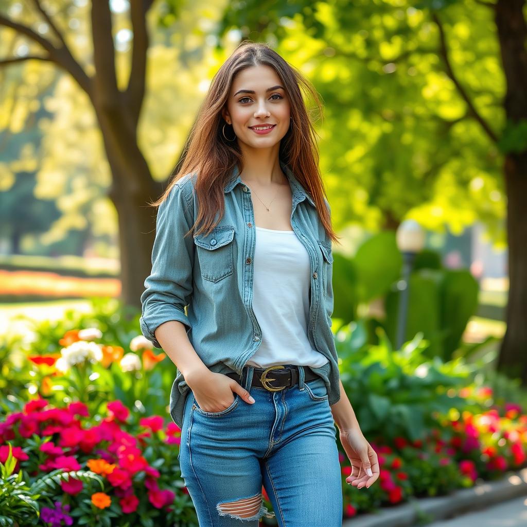 A stunning young woman around 20 years old with an innocent yet unique face, dressed in stylish jeans and a casual shirt, strolling through a lush park