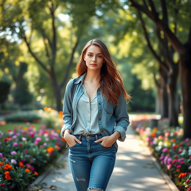 A stunning young woman around 20 years old with an innocent yet unique face, dressed in stylish jeans and a casual shirt, strolling through a lush park