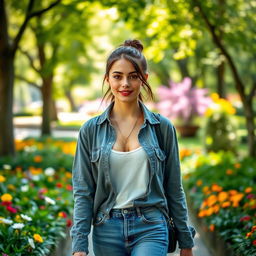 A stunning young woman around 20 years old with an innocent yet unique face, dressed in stylish jeans and a casual shirt, strolling through a lush park