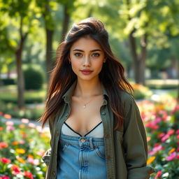 A stunning young woman around 20 years old with an innocent yet unique face, dressed in stylish jeans and a casual shirt, strolling through a lush park