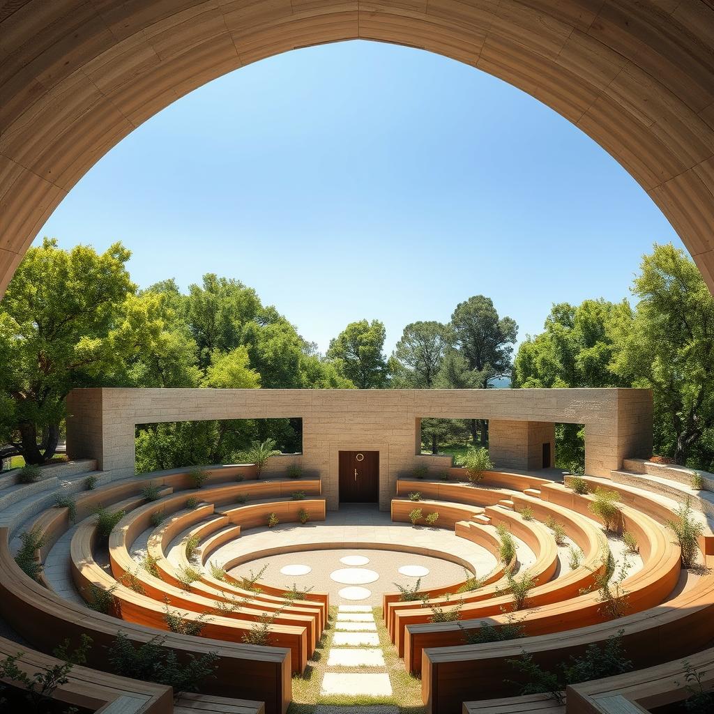 An open-air amphitheater designed to accommodate around 50 people, featuring a simple and elegant architecture