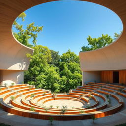 An open-air amphitheater designed to accommodate around 50 people, featuring a simple and elegant architecture