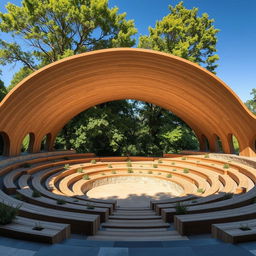 An open-air amphitheater designed to accommodate around 50 people, featuring a simple and elegant architecture