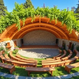 An open-air amphitheater designed for approximately 50 people, showcasing a simple yet elegant semi-circular layout