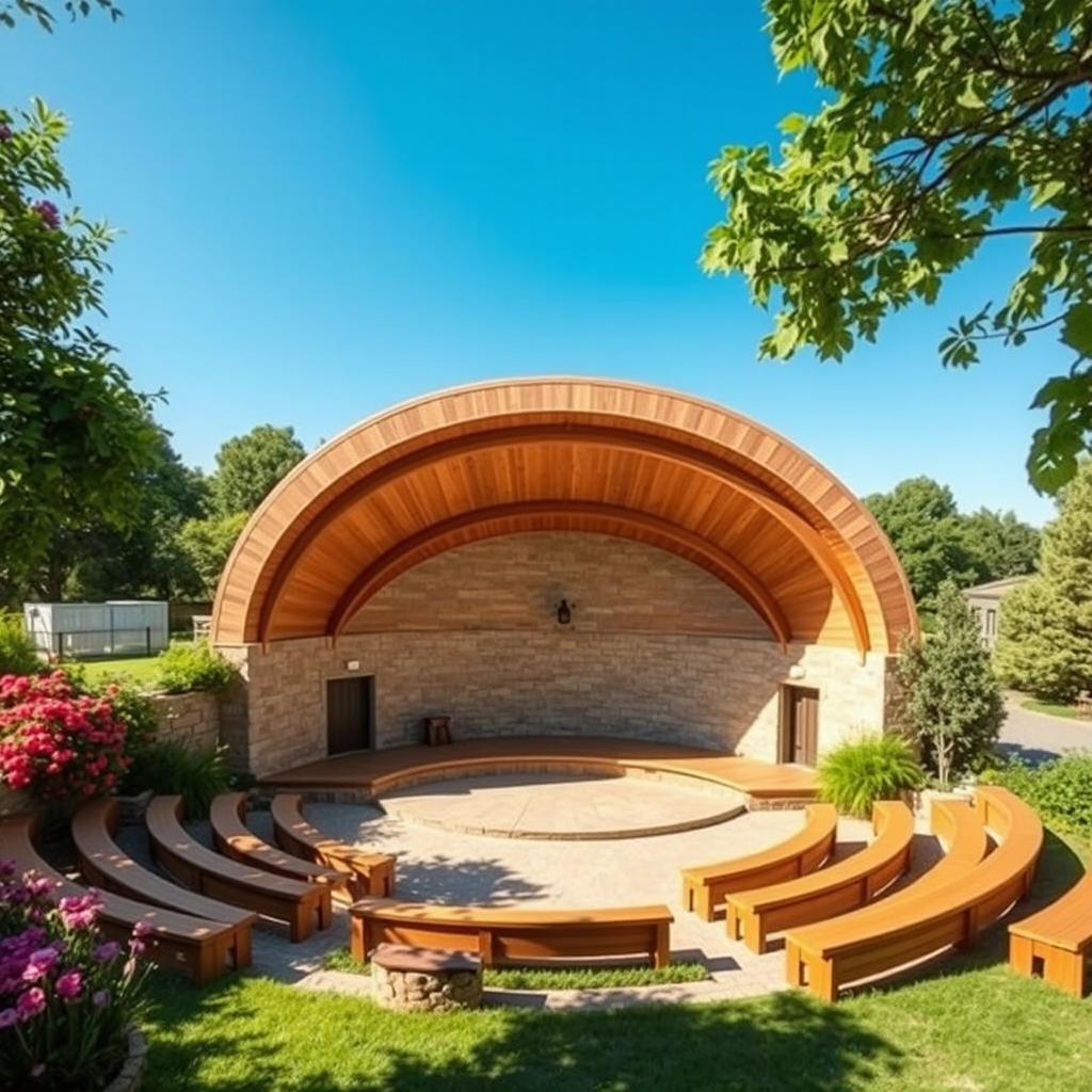 An open-air amphitheater designed for approximately 50 people, showcasing a simple yet elegant semi-circular layout