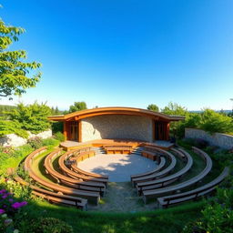 An open-air amphitheater designed for approximately 50 people, showcasing a simple yet elegant semi-circular layout