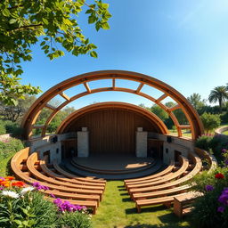 An open-air amphitheater designed for approximately 50 people, showcasing a simple yet elegant semi-circular layout
