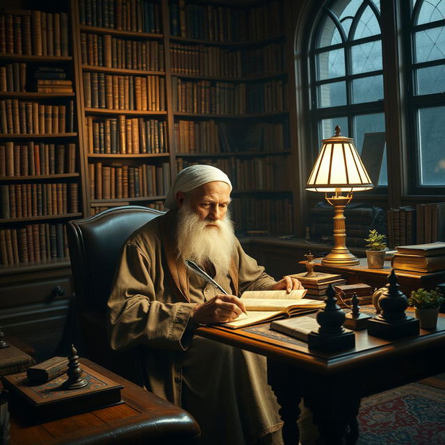 An elderly white-bearded Muslim man sitting in a cozy, dimly lit library surrounded by shelves filled with books