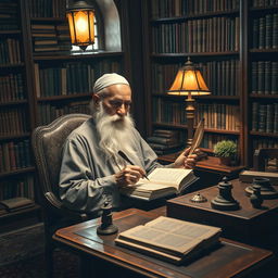 An elderly white-bearded Muslim man sitting in a cozy, dimly lit library surrounded by shelves filled with books