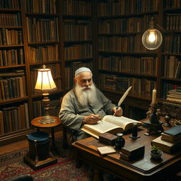 An elderly white-bearded Muslim man sitting in a cozy, dimly lit library surrounded by shelves filled with books
