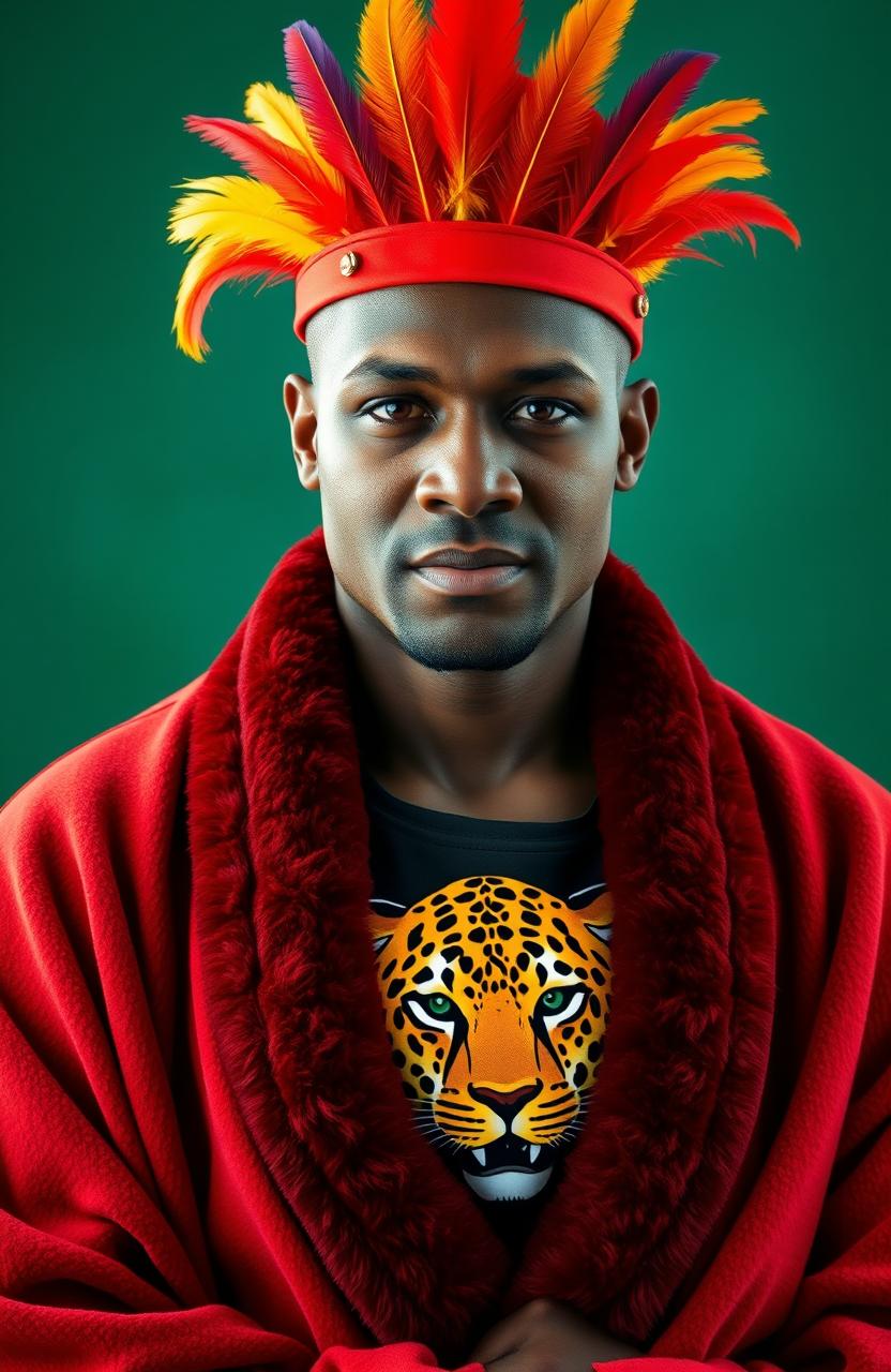 A confident man wearing a bright red cap adorned with seven colorful feathers