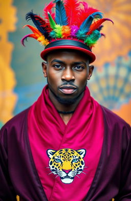 A confident man wearing a bright red cap adorned with seven colorful feathers
