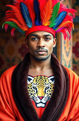 A confident man wearing a bright red cap adorned with seven colorful feathers