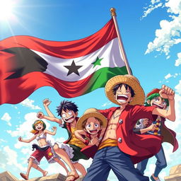 A stunning illustration featuring characters from One Piece in a dynamic pose, energetically interacting with a large, vibrant Syrian Freedom flag billowing in the background