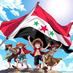 A stunning illustration featuring characters from One Piece in a dynamic pose, energetically interacting with a large, vibrant Syrian Freedom flag billowing in the background