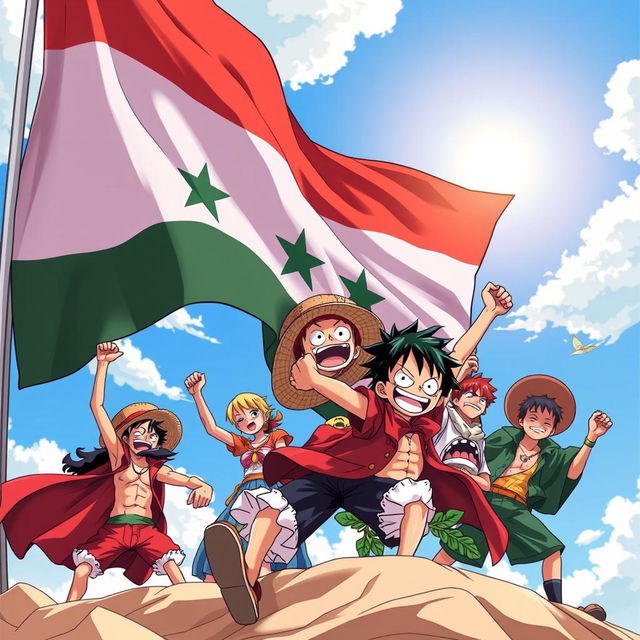 A stunning illustration featuring characters from One Piece in a dynamic pose, energetically interacting with a large, vibrant Syrian Freedom flag billowing in the background