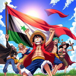 A stunning illustration featuring characters from One Piece in a dynamic pose, energetically interacting with a large, vibrant Syrian Freedom flag billowing in the background