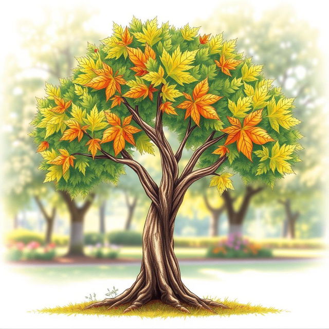 A beautifully detailed drawing of a tree with a sturdy trunk and branches, each adorned with exactly five vibrant leaves