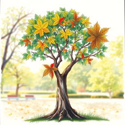 A beautifully detailed drawing of a tree with a sturdy trunk and branches, each adorned with exactly five vibrant leaves