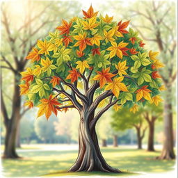 A beautifully detailed drawing of a tree with a sturdy trunk and branches, each adorned with exactly five vibrant leaves