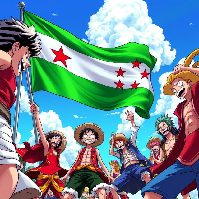 A captivating illustration depicting characters from One Piece energetically engaging with a vibrant green Syrian Freedom flag adorned with red stars, fluttering majestically in the background