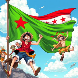 A captivating illustration depicting characters from One Piece energetically engaging with a vibrant green Syrian Freedom flag adorned with red stars, fluttering majestically in the background