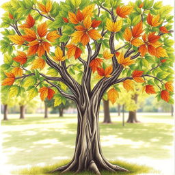 A beautifully detailed drawing of a tree with a sturdy trunk and branches, each adorned with exactly five vibrant leaves
