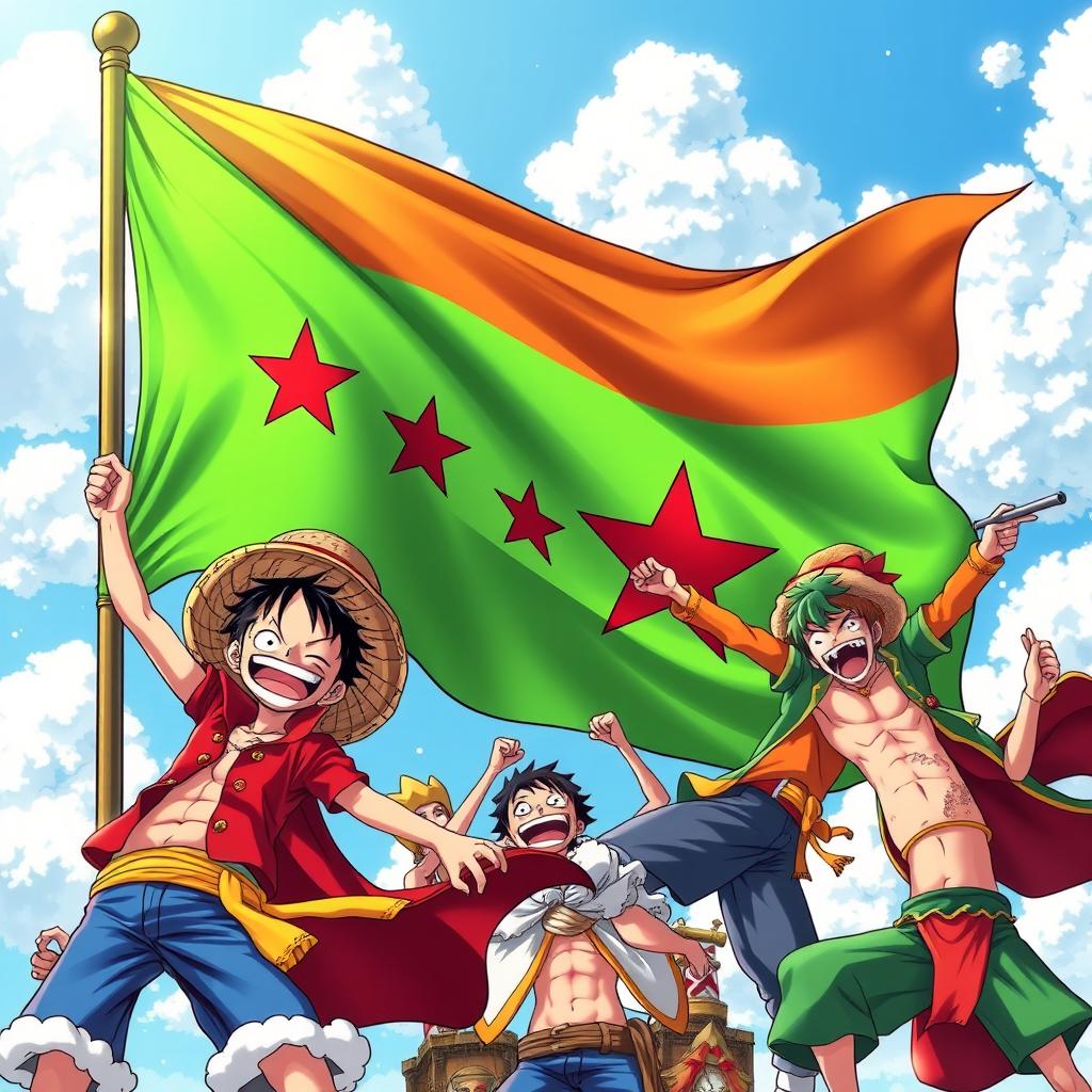 A captivating illustration depicting characters from One Piece energetically engaging with a vibrant green Syrian Freedom flag adorned with red stars, fluttering majestically in the background