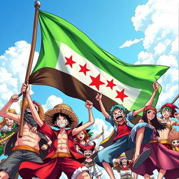 A captivating illustration depicting characters from One Piece energetically engaging with a vibrant green Syrian Freedom flag adorned with red stars, fluttering majestically in the background