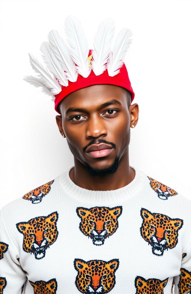 A stylish man wearing a red cap adorned with seven white feathers, showcasing a confident expression