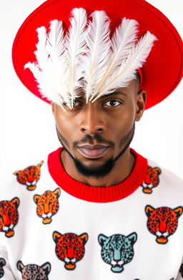 A stylish man wearing a red cap adorned with seven white feathers, showcasing a confident expression